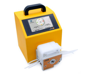 IPS-P21 Variable Speed Peristaltic Pump front view with 4.3” touchscreen and tubing connection