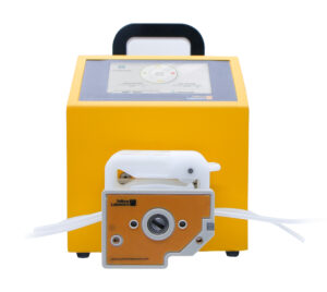 Close-up of IPS-P21 Peristaltic Pump showing stainless-steel rollers and PPS pump head