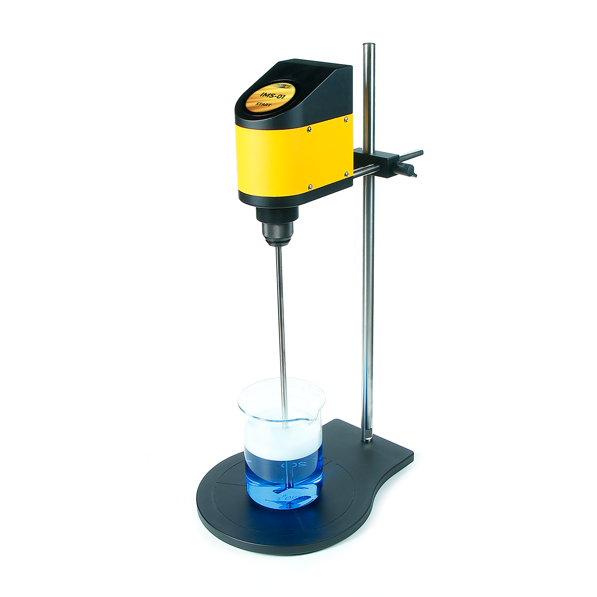 IMS-01 laboratory overhead stirrer mixing liquid sample in beaker